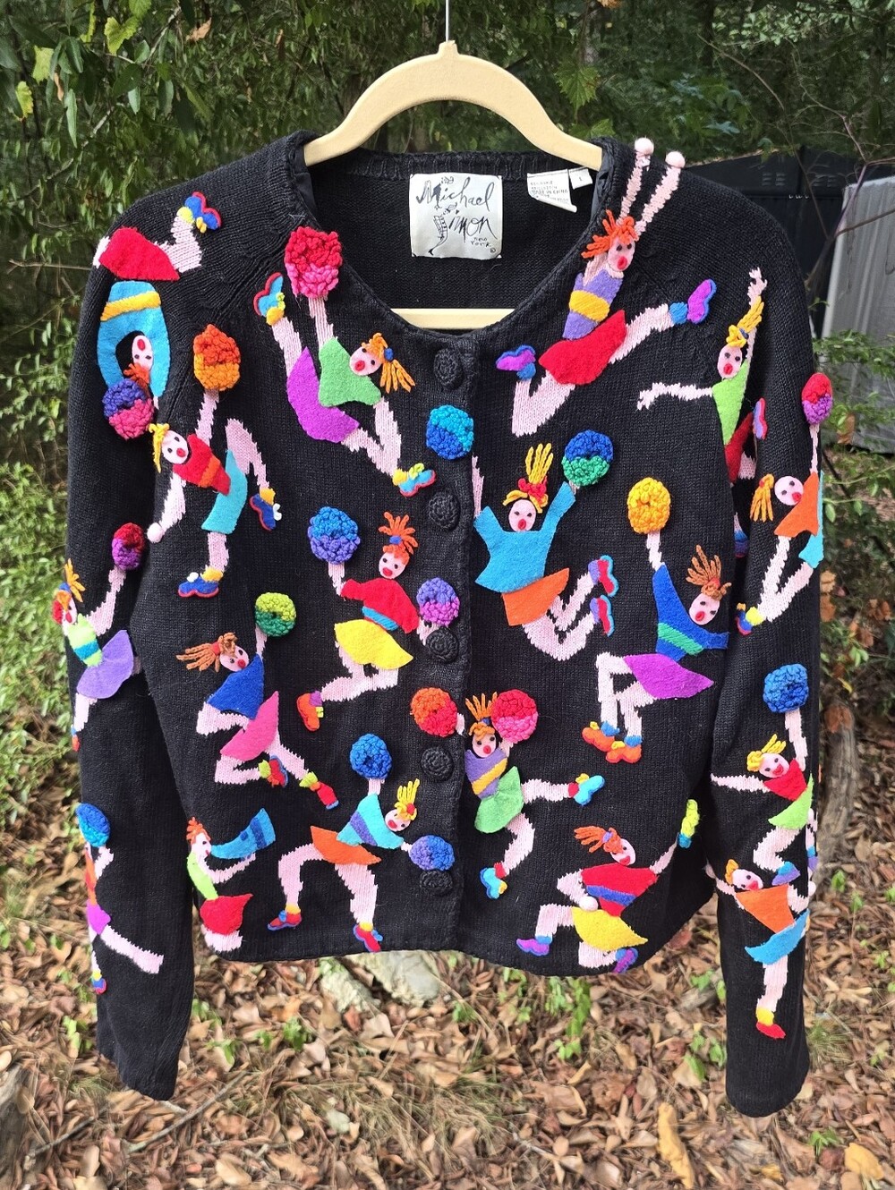 Michael Simon Black Cardigan with Multicolor Cheerleader Appliqués 1990's Sz L